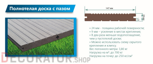 Доска террасная Террапол КЛАССИК Патио полнотелая c пазом в Курске